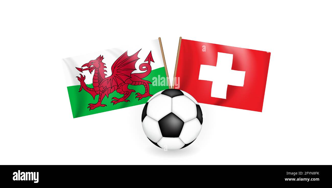 Ballon de football sur fond de deux drapeaux croisés de la Suisse et du pays de Galles. Concept de jeu de football. Illustration vectorielle Illustration de Vecteur