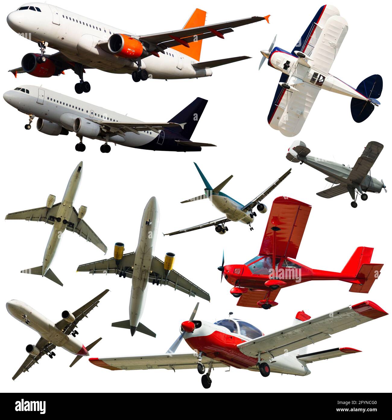 Différents avions volant, collection isolée sur fond blanc Banque D'Images Différents avions volant, collection isolée sur fond blanc Banque D'Images