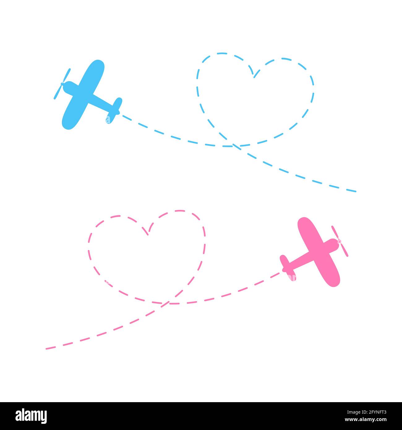Illustration du vecteur de route de l'avion. Jeu d'icônes bleu et rose pour avions volants. Tracé des lignes en pointillé du cœur avec un tiret. Isolé sur fond blanc. Illustration de Vecteur