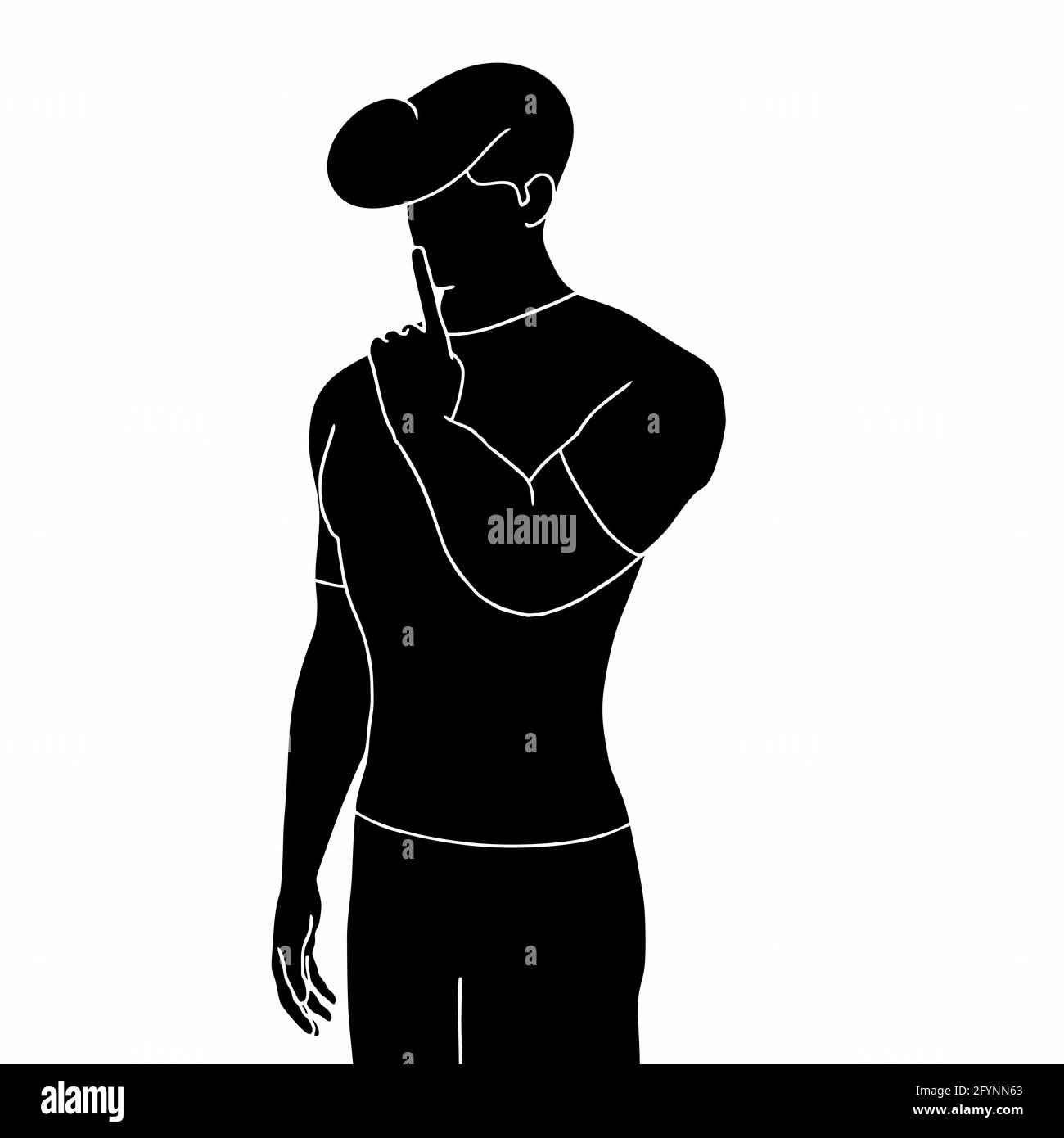 Silhouette d'un homme de dessin animé montrant le geste de silence illustré sur fond blanc Banque D'Images