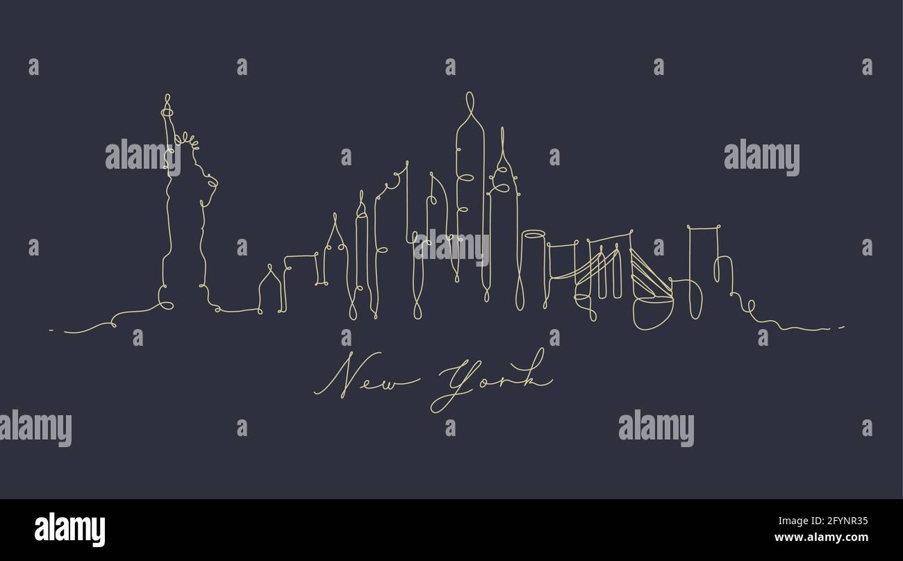 Silhouette de ville New york dans le dessin de style stylo avec lignes beige sur fond bleu foncé Illustration de Vecteur