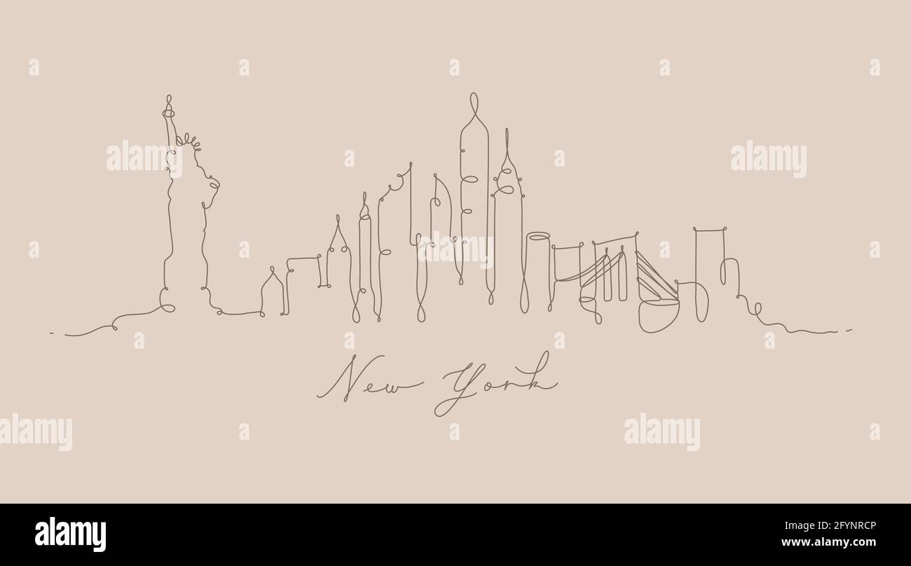 Silhouette de ville New york dans le dessin de style stylo avec lignes marron sur fond beige Illustration de Vecteur