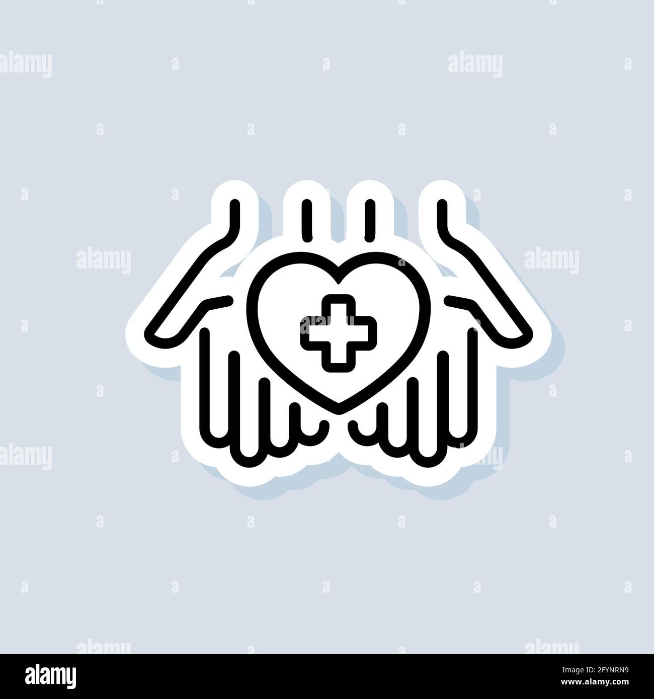 Autocollant de premiers soins. Mains tenant le cœur avec la croix. Logo de la pharmacie médicale. Vecteur sur arrière-plan isolé. SPE 10. Illustration de Vecteur