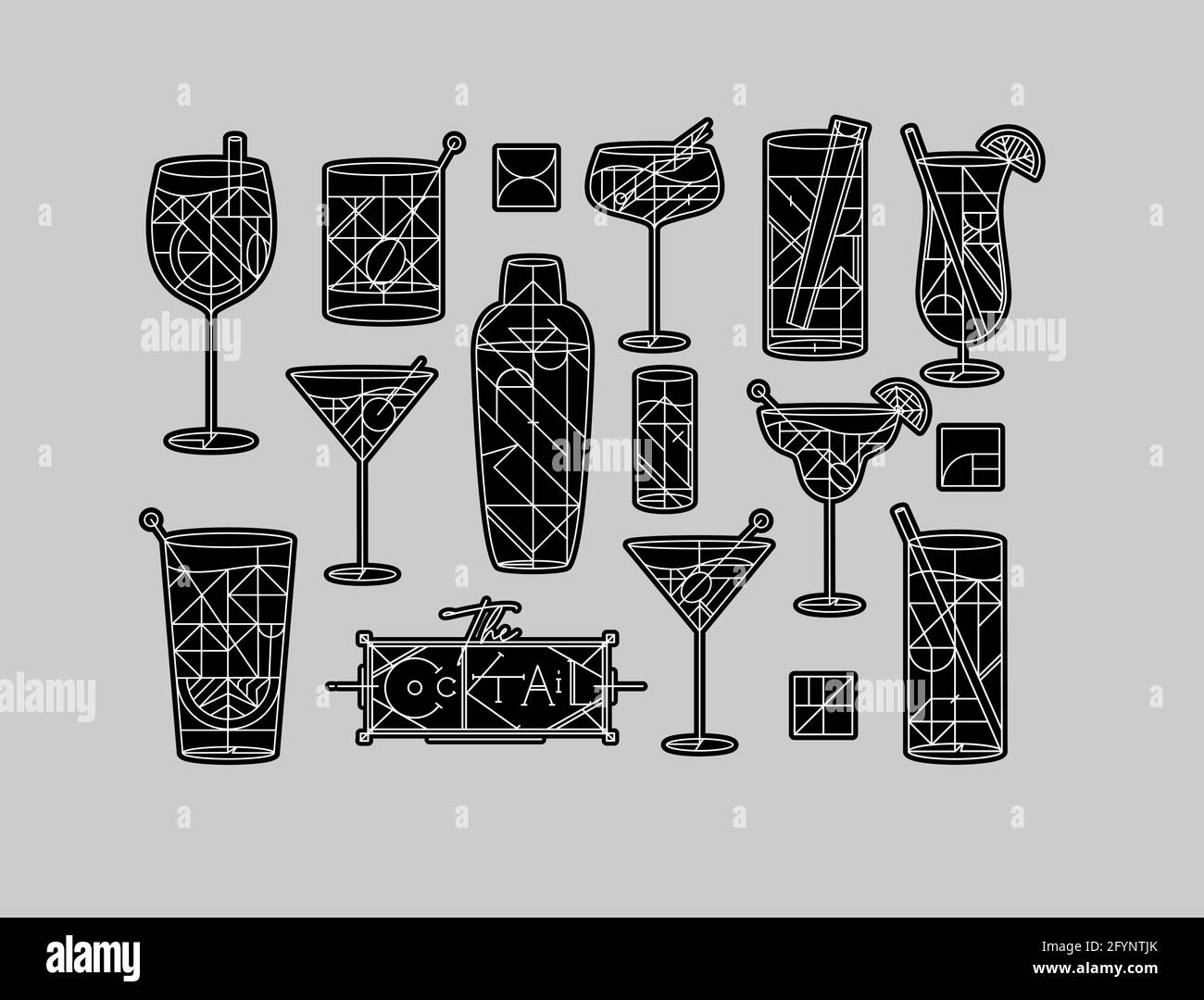 Cocktails Art déco dessinant dans le style des lignes sur le gris arrière-plan Illustration de Vecteur