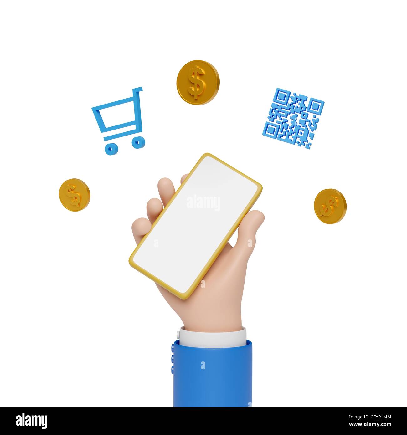 Main de dessin animé tenant un téléphone mobile avec des pièces de monnaie, panier et code QR flottant isolé dans fond blanc. illustration 3d. Banque D'Images