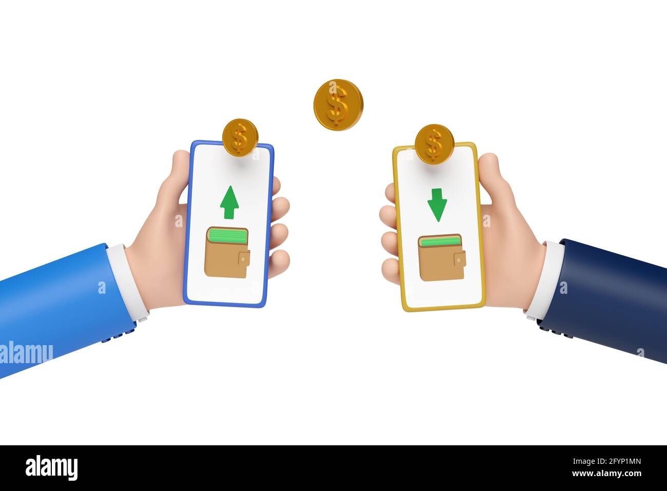 Deux mains de dessin animé tenant des téléphones mobiles faisant un transfert d'argent. illustration 3d. Banque D'Images