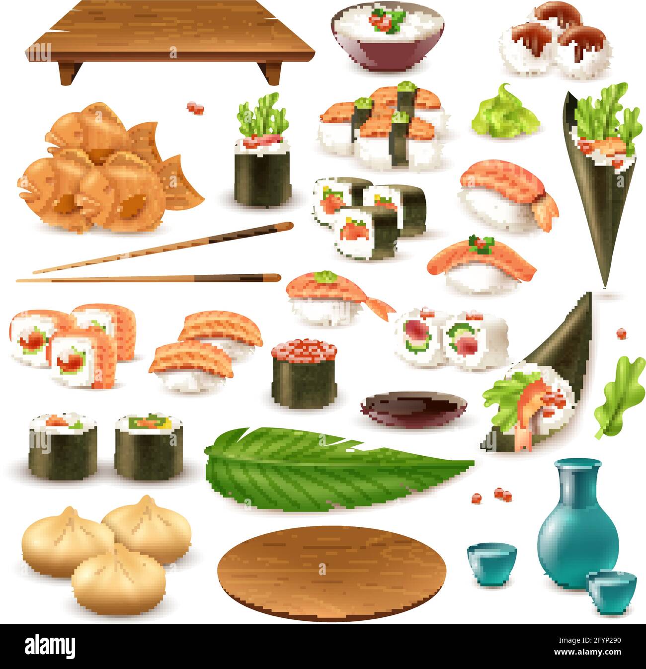Ensemble de plats japonais comprenant sushi, saké, riz dans un bol, boulettes, wasabi, illustration vectorielle isolée de sauce soja Illustration de Vecteur