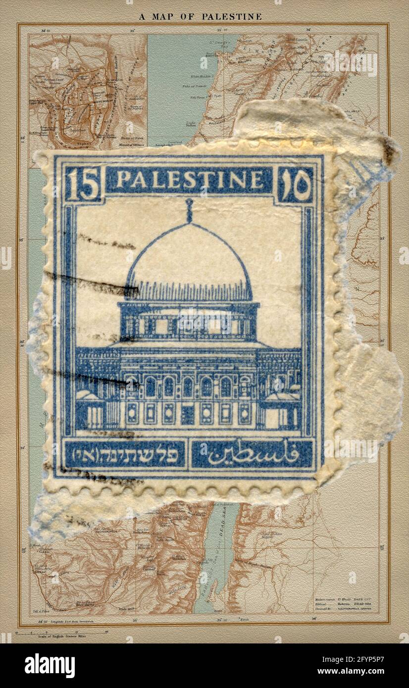 Ancien timbre de Palestine superposé à la carte de Palestine 1881 avec une partie de l'enveloppe originale incluse dans la composition. Banque D'Images