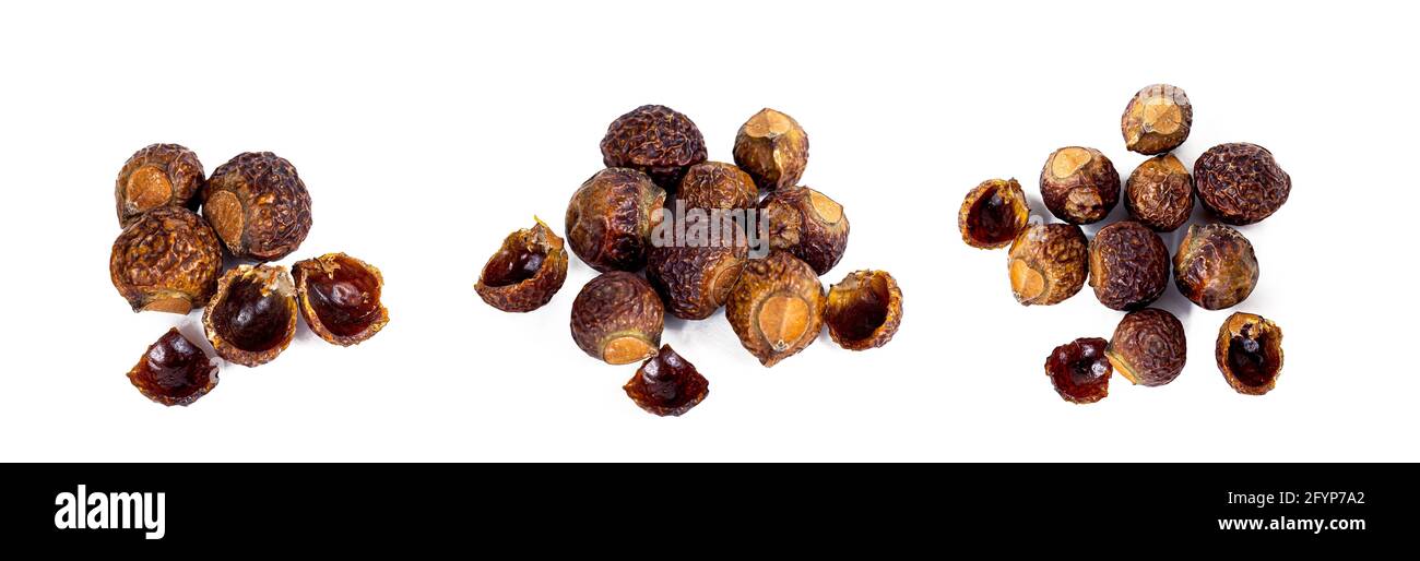 Noisettes de savon sec brun (Soapberries, Sapindus Mukorossi) pour le linge biologique et le soin naturel doux de la peau ensemble isolé sur fond blanc. Banque D'Images Noisettes de savon sec brun (Soapberries, Sapindus Mukorossi) pour le linge biologique et le soin naturel doux de la peau ensemble isolé sur fond blanc. Banque D'Images