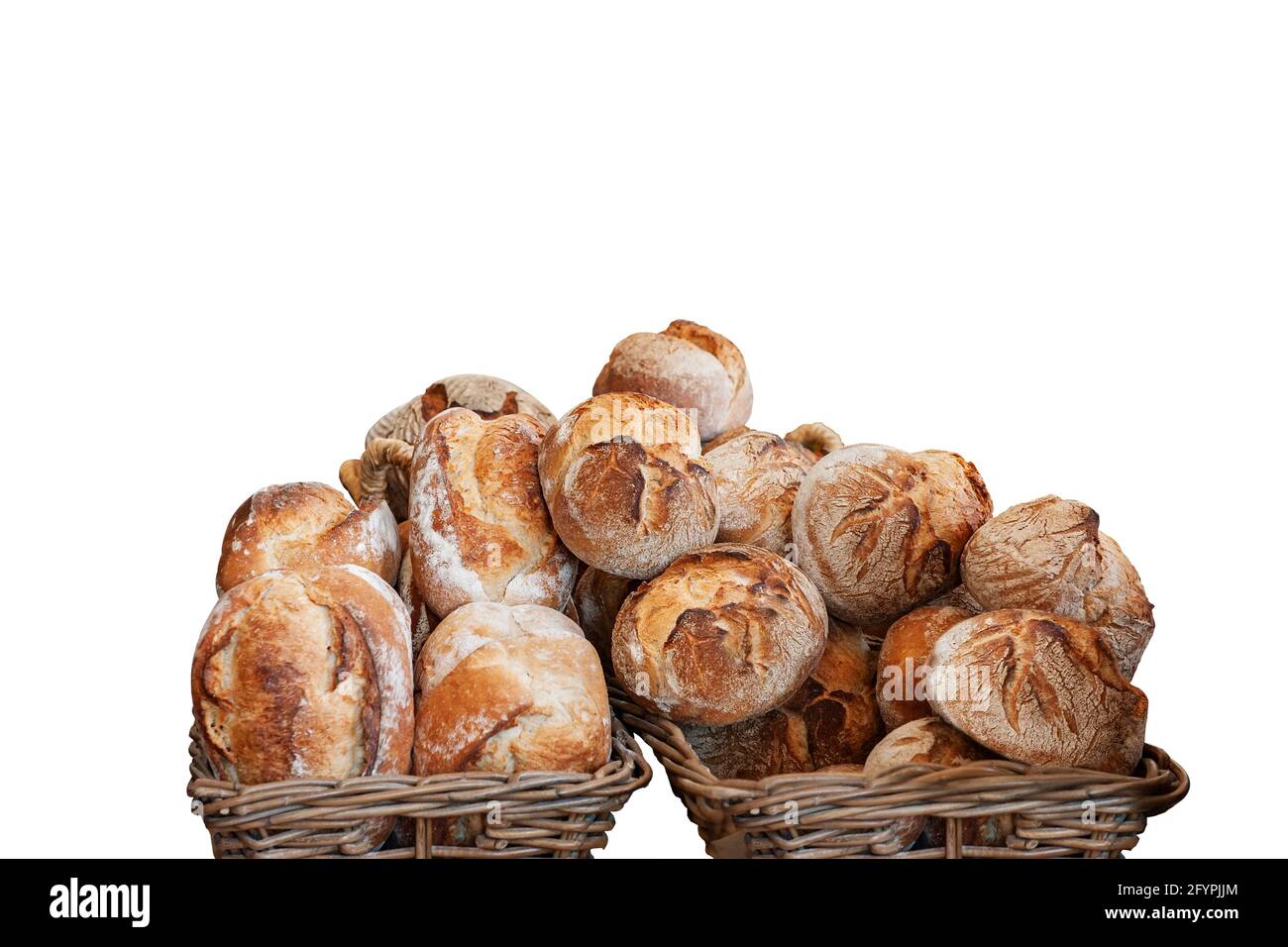 le marché agricole offre une large gamme de pain fait à la main. De nombreux types de pain, isolés sur fond blanc. Concept de petite entreprise - cuisson a Banque D'Images