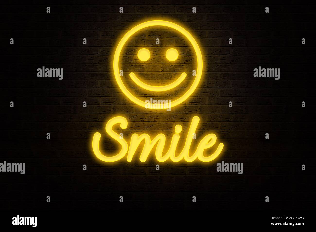 Abstract Neon Lights souriant Emoji sur le mur avec des lumières brillantes. Concept de toile de fond moderne et paisible Banque D'Images