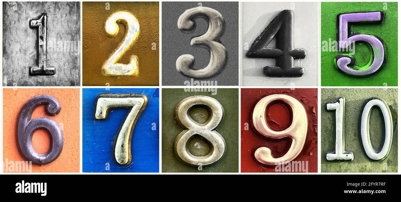 Anciens numéros d'adresse métalliques chiffres 1 - 10 Banque D'Images