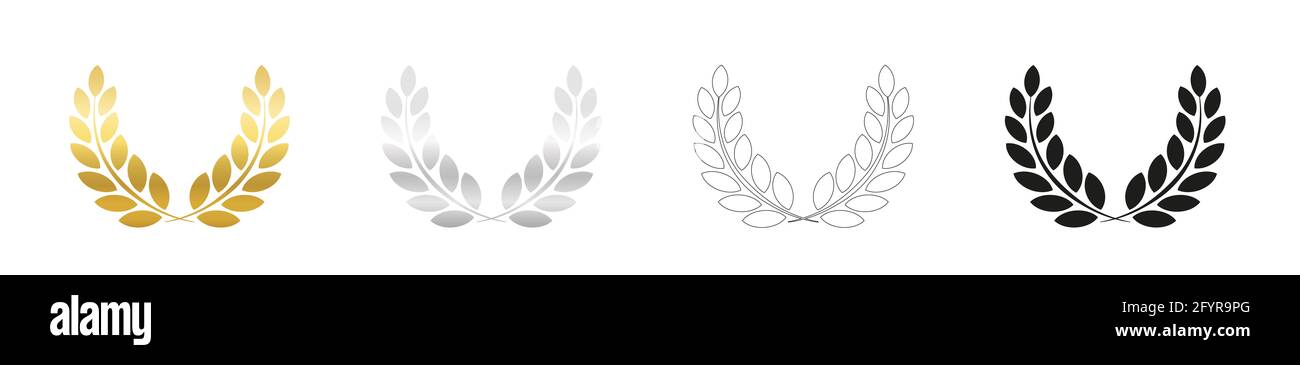 Ensemble couronne Laurel, doré, argenté, contour et version noire. Symbole du triomphe, de la gloire, de l'honneur, de la puissance royale, de la victoire, force, importance ou influence. Banque D'Images