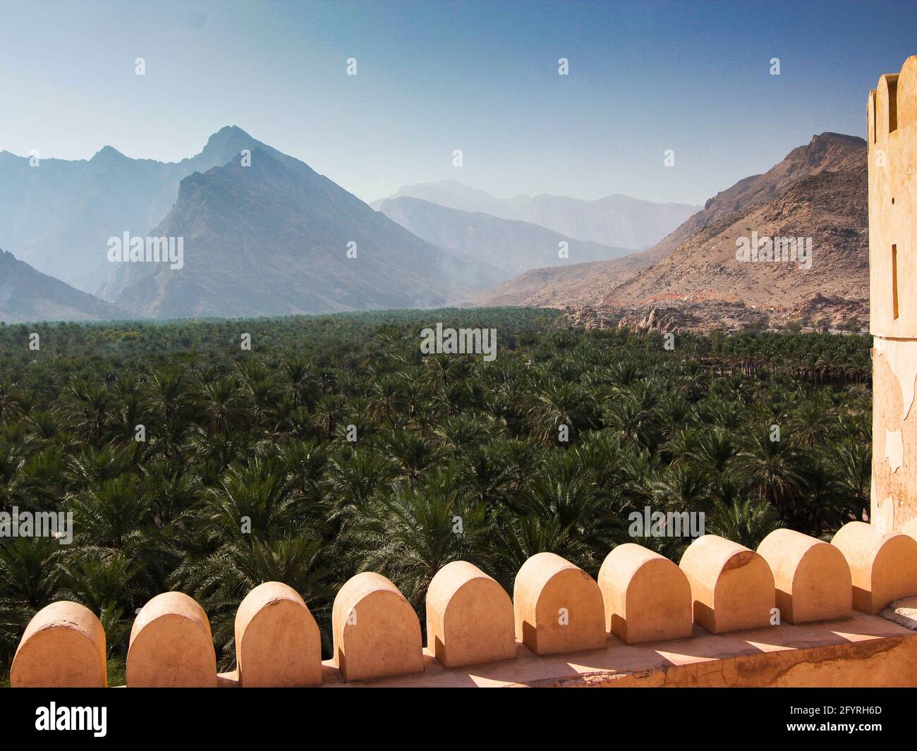 Une immense palmeraie de datte s'étend à travers la vallée. À l'ancien fort Nakhal restauré, le long de la route Rustaq. En Oman. Banque D'Images