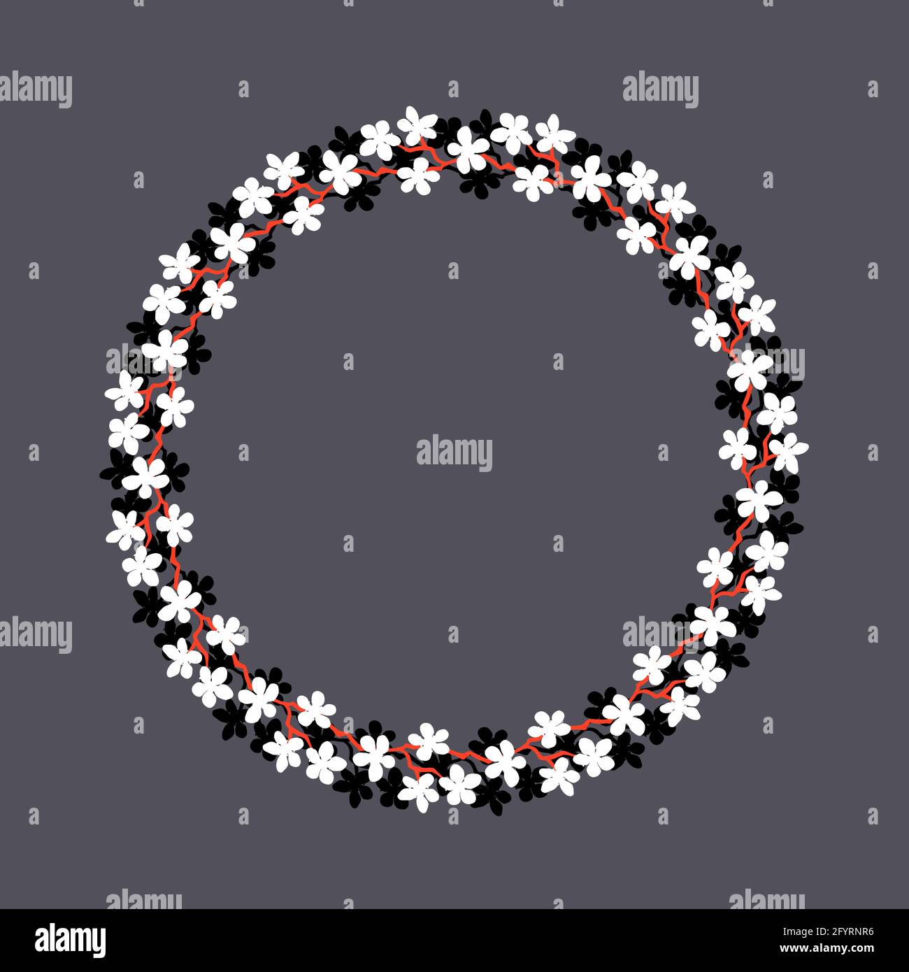 Couronne de fleurs colorées.couronne délicate de branches de sakura.fleurs dessinées à la main, cercle Cadre de fleurs noir et blanc sur gris.Design pour Banque D'Images