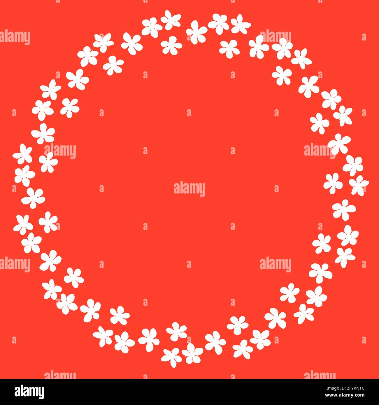 Couronne de fleurs colorées. Couronne délicate de branches de sakura. Fleurs fleuries main dessinée, cadre circulaire de fleurs blanches sur le corail. Concevoir pour l'invitation, Banque D'Images