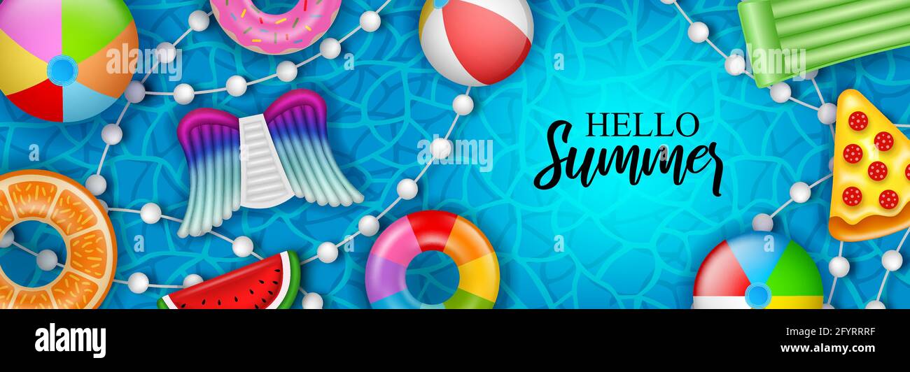 Bannière Hello Summer avec boules gonflables colorées, matelas et anneaux de natation sur fond d'eau de piscine Illustration de Vecteur