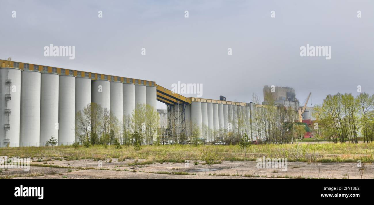 Un navire est en train de charger du grain pour le transport vers les marchés étrangers lors d'une journée de printemps brumeuse à Thunder Bay, Ontario, Canada. Banque D'Images
