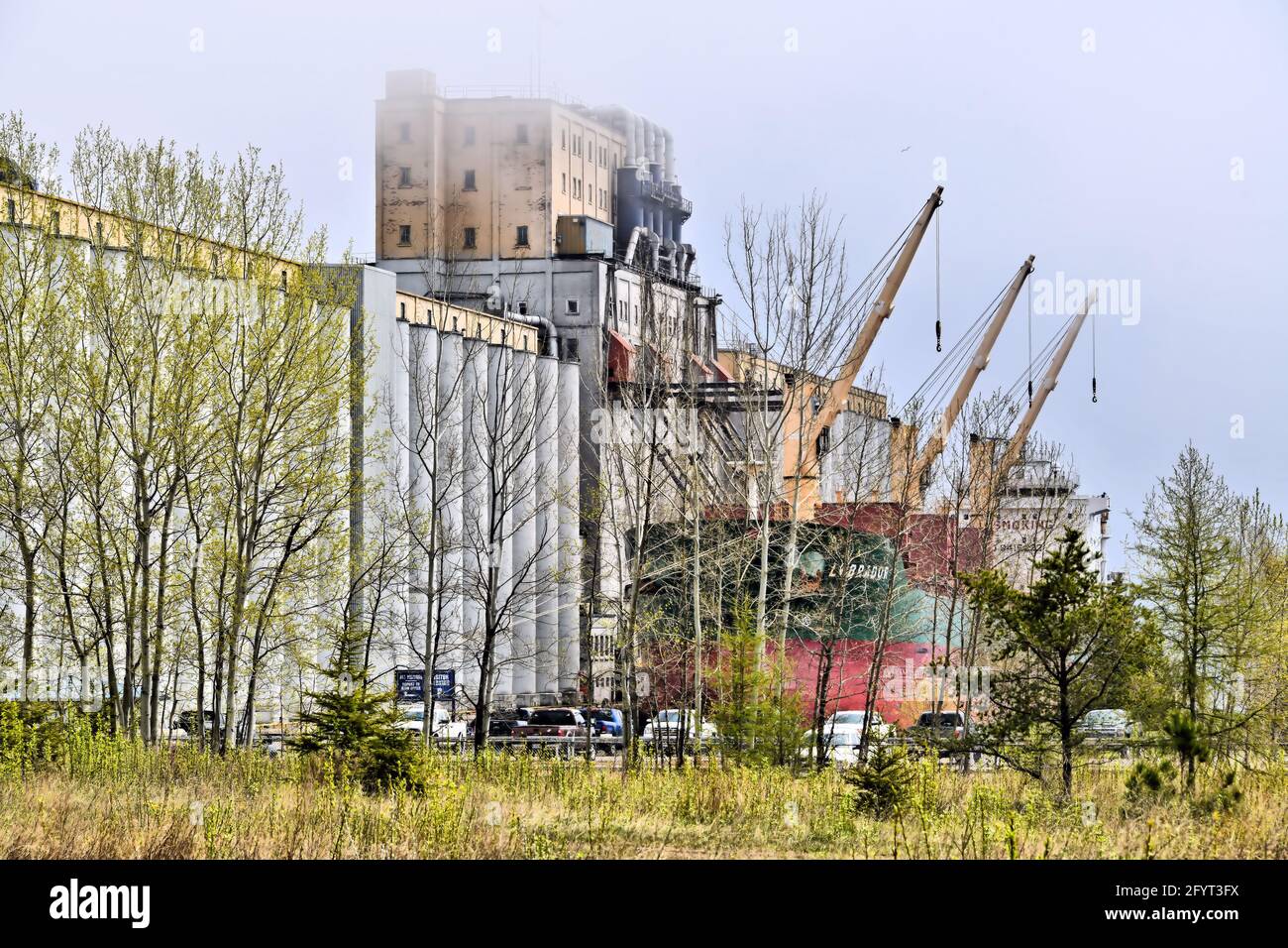 Un navire est en train de charger du grain pour le transport vers les marchés étrangers lors d'une journée de printemps brumeuse à Thunder Bay, Ontario, Canada. Banque D'Images