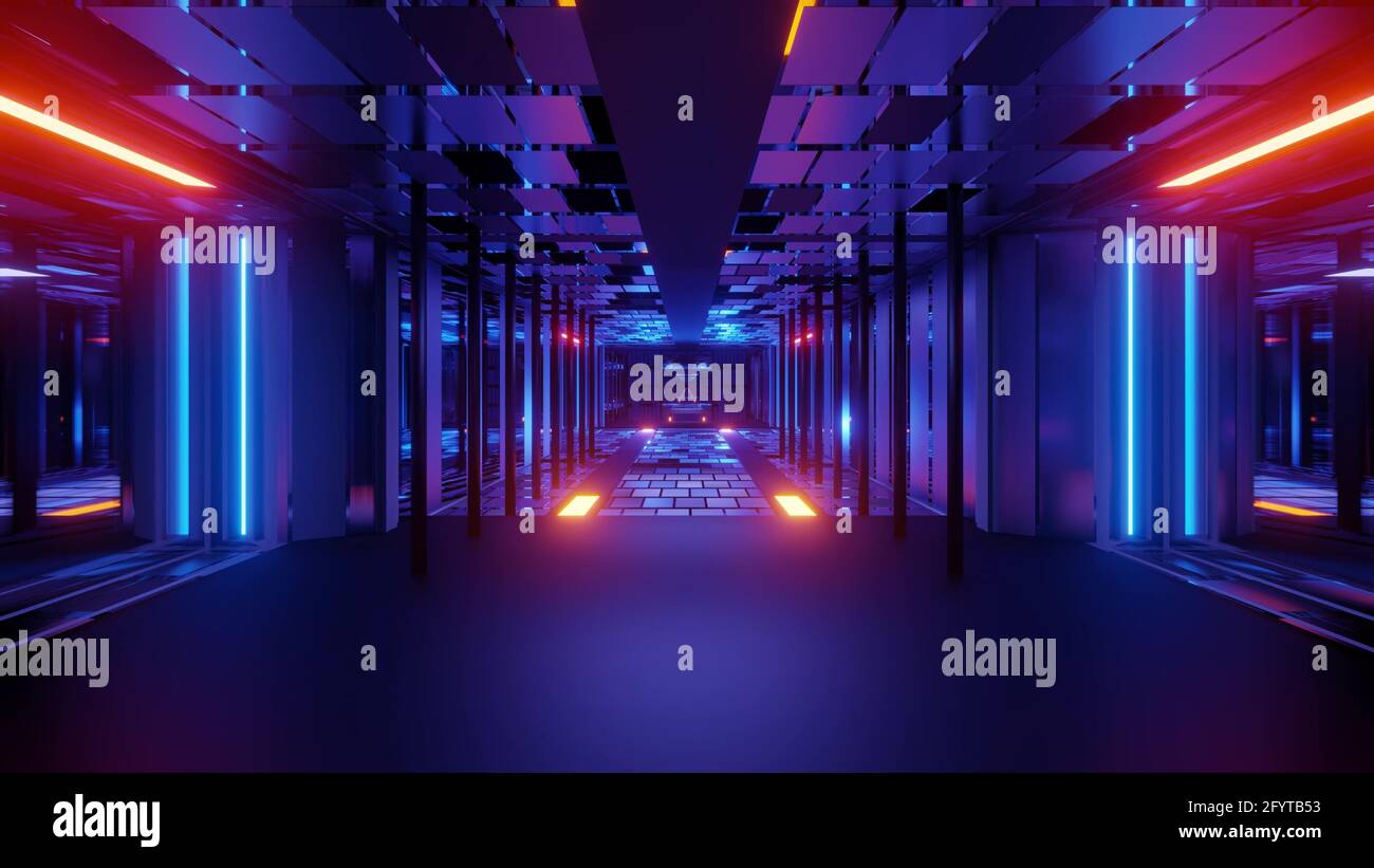 Un rendu 3D des lumières bleues fluo futuristes tunnel Banque D'Images