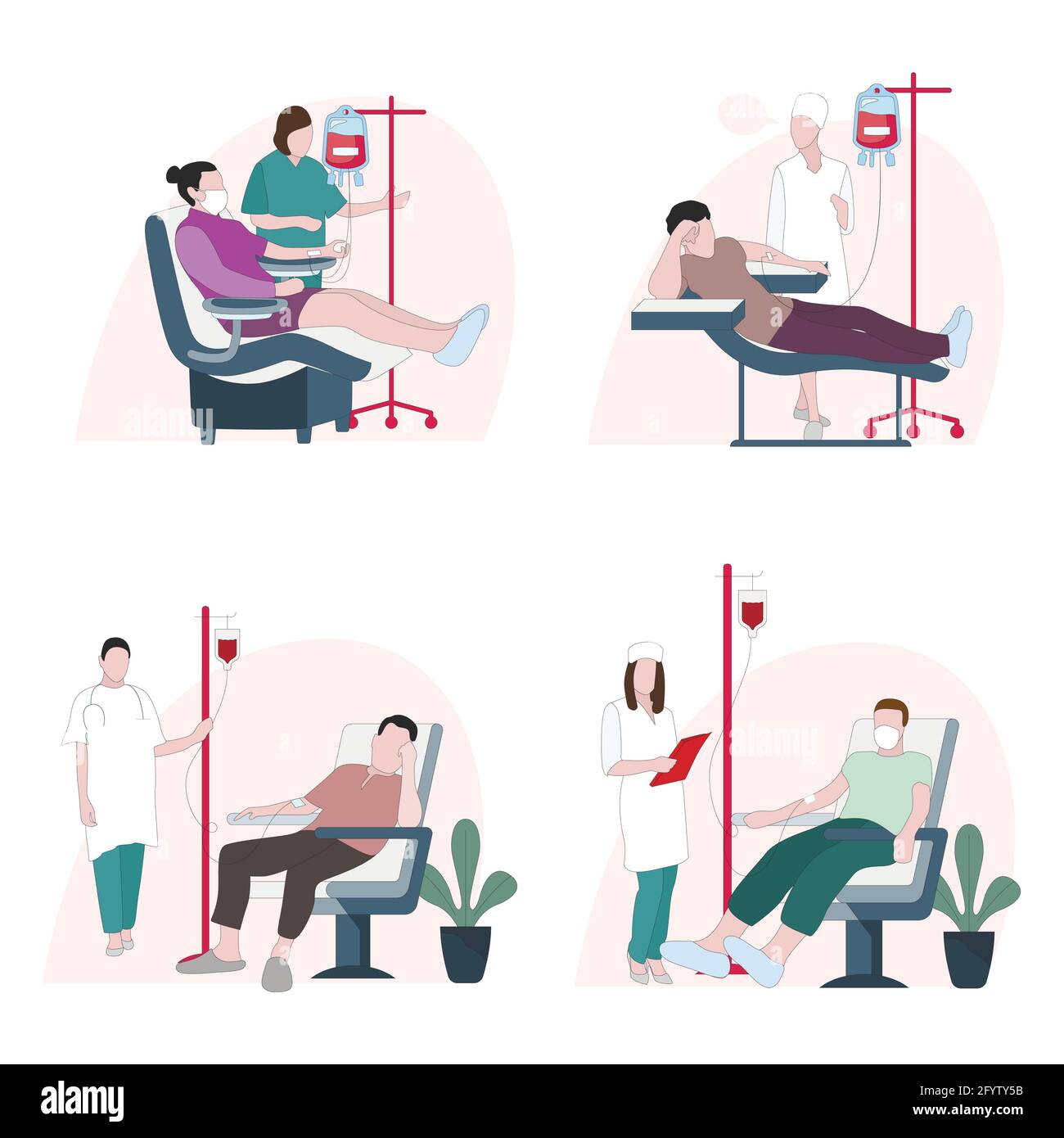 Don de sang, don de l'échantillon par le donneur, prélèvement du sang par le médecin du bénévole, transfusion de plasma aux soins de santé, aide aux vecteurs et illustration du centre médical de bienfaisance Illustration de Vecteur