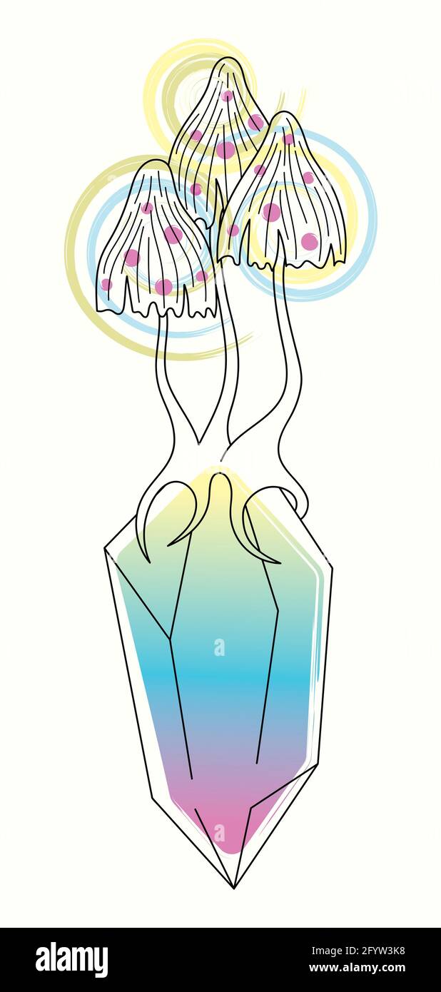 Illustration de l'art de ligne champignons psychédéliques sur un cristal magique de guérison Illustration de Vecteur