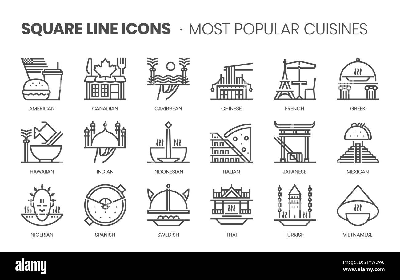 Jeu d'icônes vectorielles à lignes carrées pour applications et développement de sites Web en rapport avec les cuisines populaires. L'ensemble d'icônes est pixelparfait avec une grille 64x64. Conçu Illustration de Vecteur