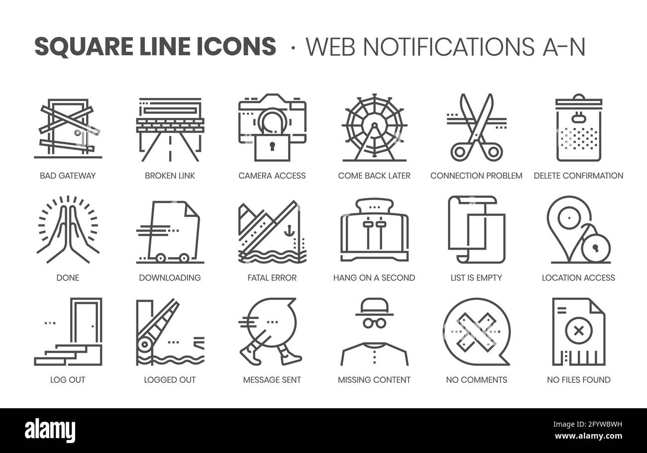 Jeu d'icônes vectorielles en ligne carrée pour les notifications Web pour le développement d'applications et de sites Web. L'ensemble d'icônes est pixelparfait avec une grille 64x64. Conçu Illustration de Vecteur