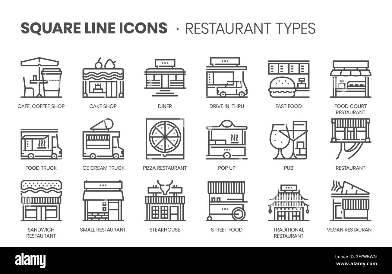 Types de restaurants liés, jeu d'icônes vectorielles de ligne carrée pour les applications et le développement de sites Web. L'ensemble d'icônes est pixelparfait avec une grille 64x64. Conçu Illustration de Vecteur