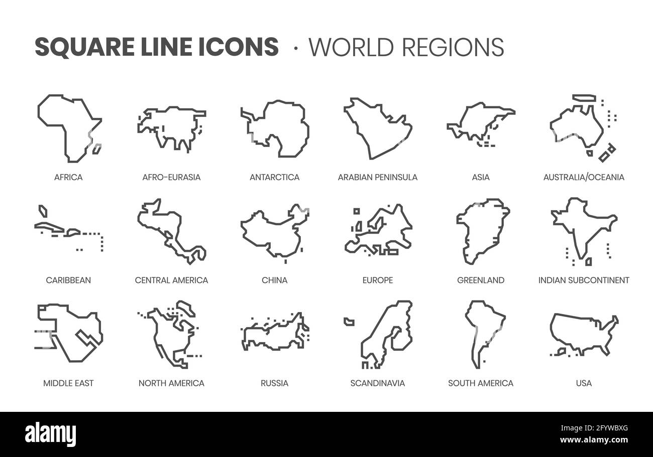 World Regions Related, Square line vector Icon set pour les applications et le développement de site Web. L'ensemble d'icônes est pixelparfait avec une grille 64x64. Un esprit d'intelligence Illustration de Vecteur
