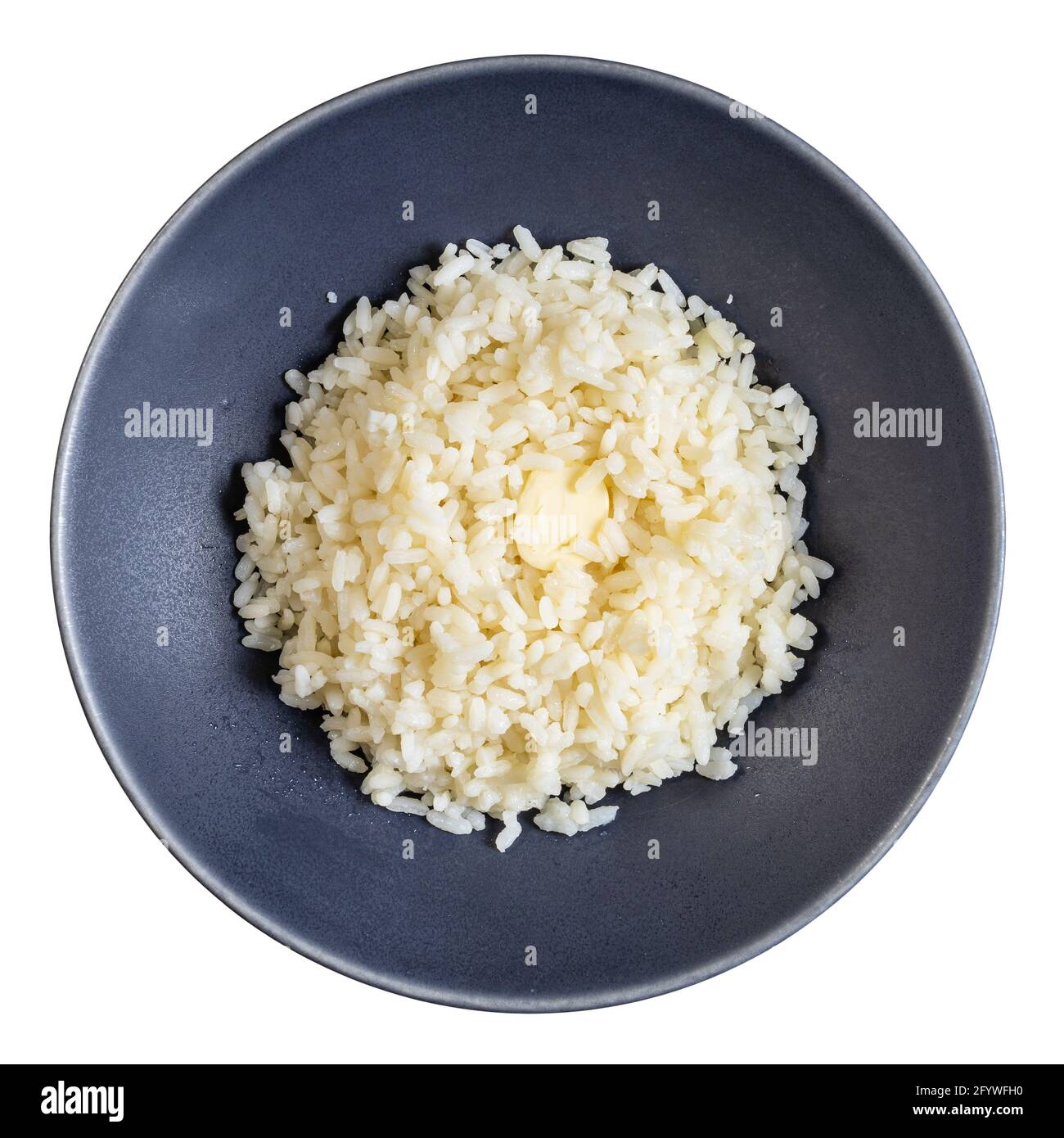 vue de dessus de porridge beurré de riz étuvé en gris bol isolé sur fond blanc Banque D'Images