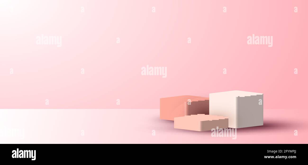 3D réaliste scène minimale les cubes roses vides s'affichent sur fond rose pâle avec un éclairage et de l'espace pour votre texte. Vous pouvez utiliser la conception pour les prés de produit Illustration de Vecteur