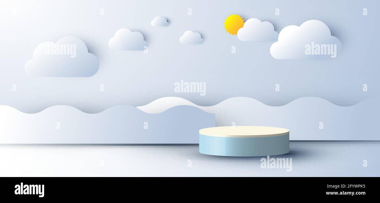 3D réaliste résumé scène minimale vide podium affichage avec nuage et soleil, vague style de coupe de papier de mer sur fond bleu ciel. Conception pour la présentation du produit Illustration de Vecteur