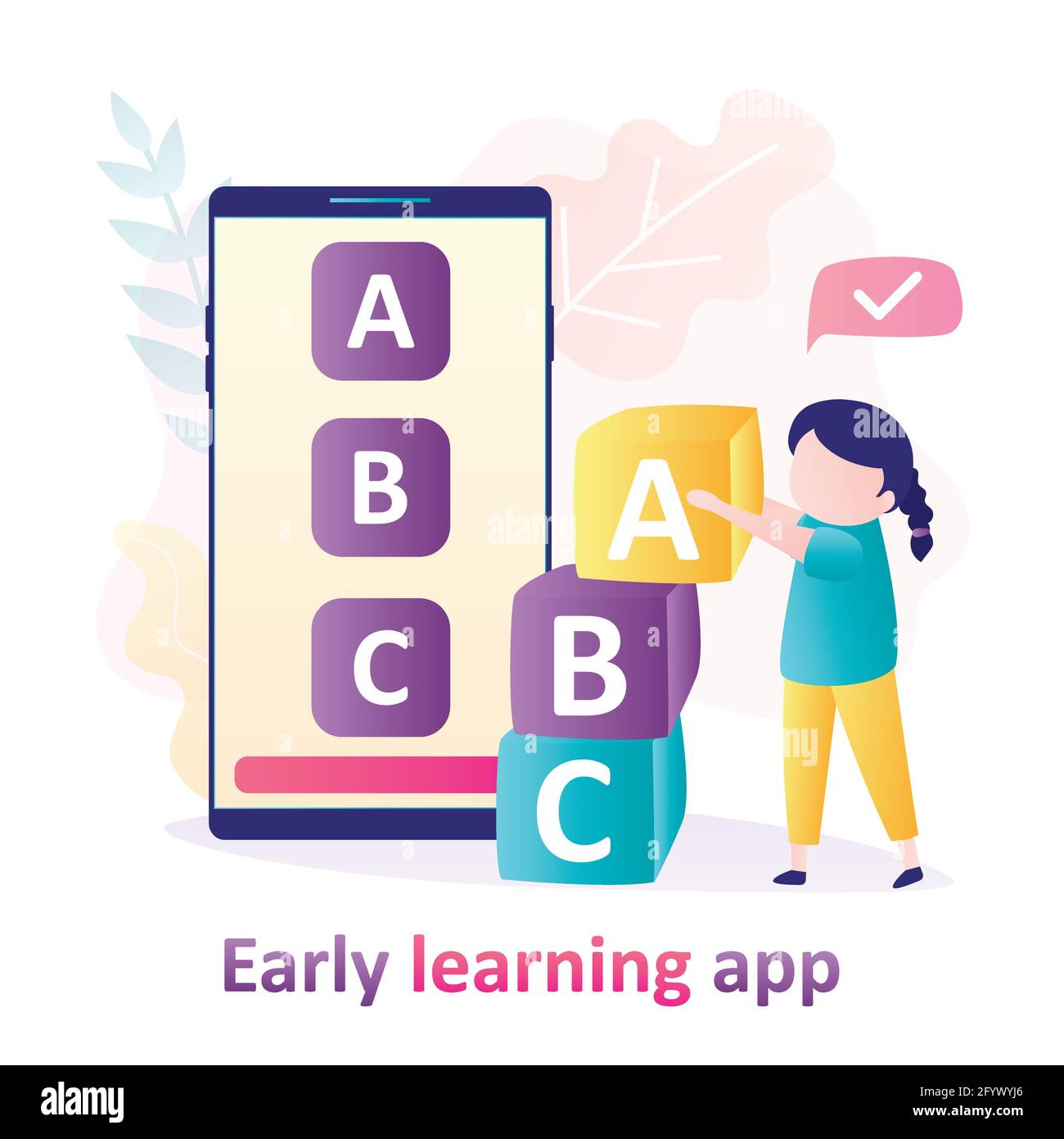 Fille jouant à un jeu éducatif avec des cubes. Application d'apprentissage précoce sur l'écran du téléphone mobile. L'enfant apprend l'alphabet à l'aide de l'application. Concept de l'ed en ligne Illustration de Vecteur