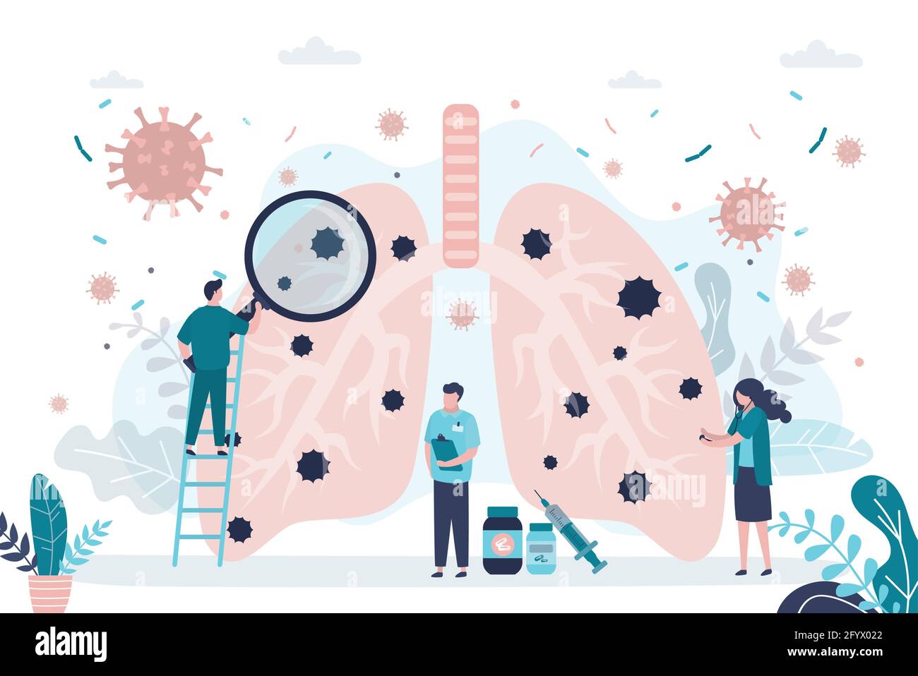 Poumons affectés par la pneumonie. Le coronavirus attaque et cause la maladie. L'équipe des médecins diagnostique et traite le Covid-19. Bannière problèmes de santé. Tra. Respiratoire Illustration de Vecteur