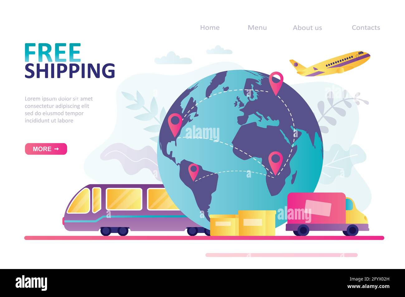 Divers moyens de transport pour la livraison dans le monde entier. Modèle de page d'arrivée sur thème livraison gratuite. Carte du monde avec destinations. Concept de déRive mondiale Illustration de Vecteur
