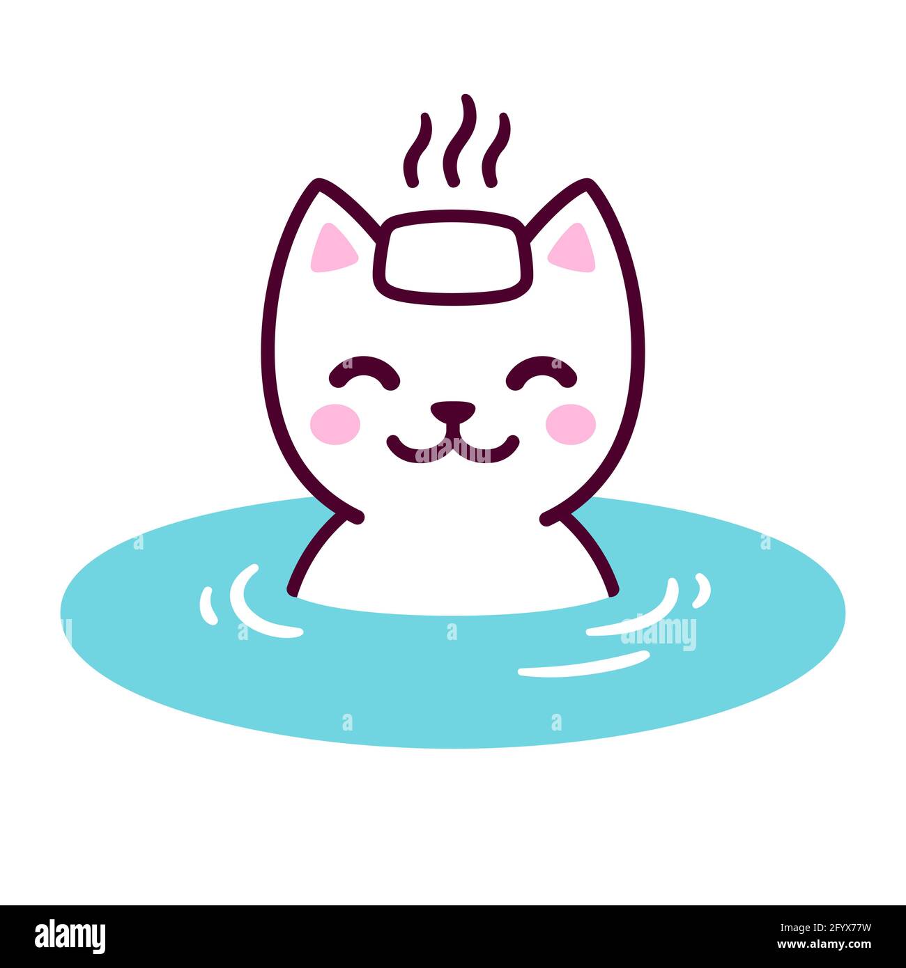 Joli chat blanc de dessin animé dans le ressort chaud Onsen japonais avec une serviette vapeur sur la tête. Dessin kitty kawaii, illustration vectorielle amusante. Illustration de Vecteur