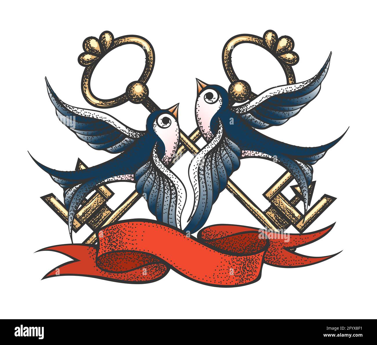 Tatouage de Swllows et clés dorées dessinés en style gravure. Concept d'amour. Illustration vectorielle. Illustration de Vecteur