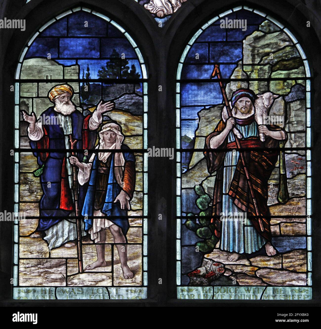 Vitraux représentant les paraboles du fils prodigue et du mouton perdu, église Lady St Mary, Wareham, Dorset Banque D'Images