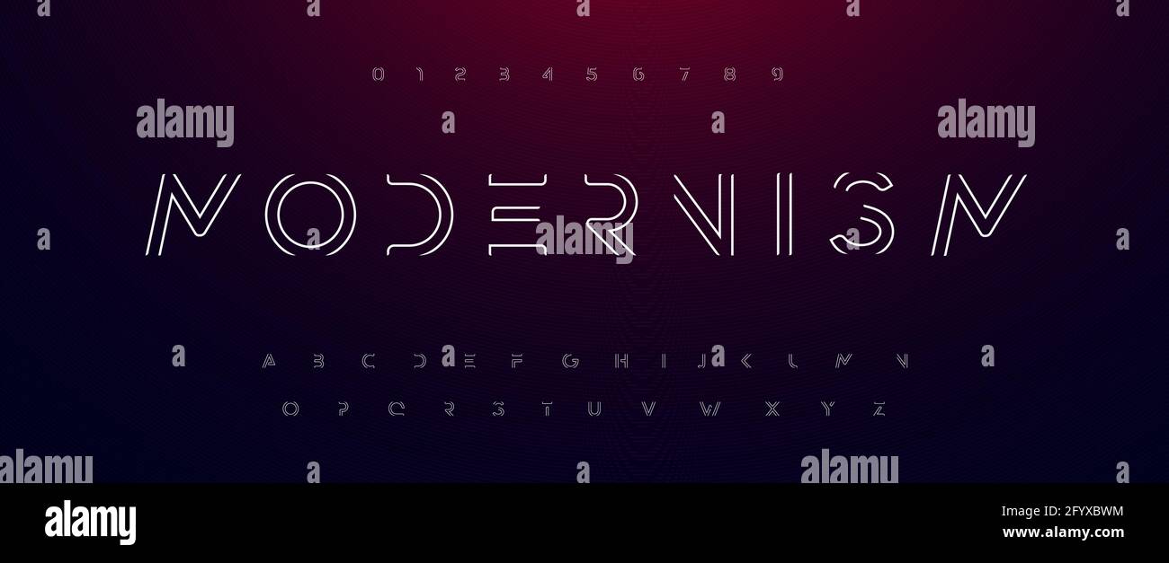 Alphabet de modernisme. Police des lignes fines de contour comme route, labyrinthe, cadre. Type techno futuriste pour logo scifi, contour néon titre ou monogramme hud Illustration de Vecteur