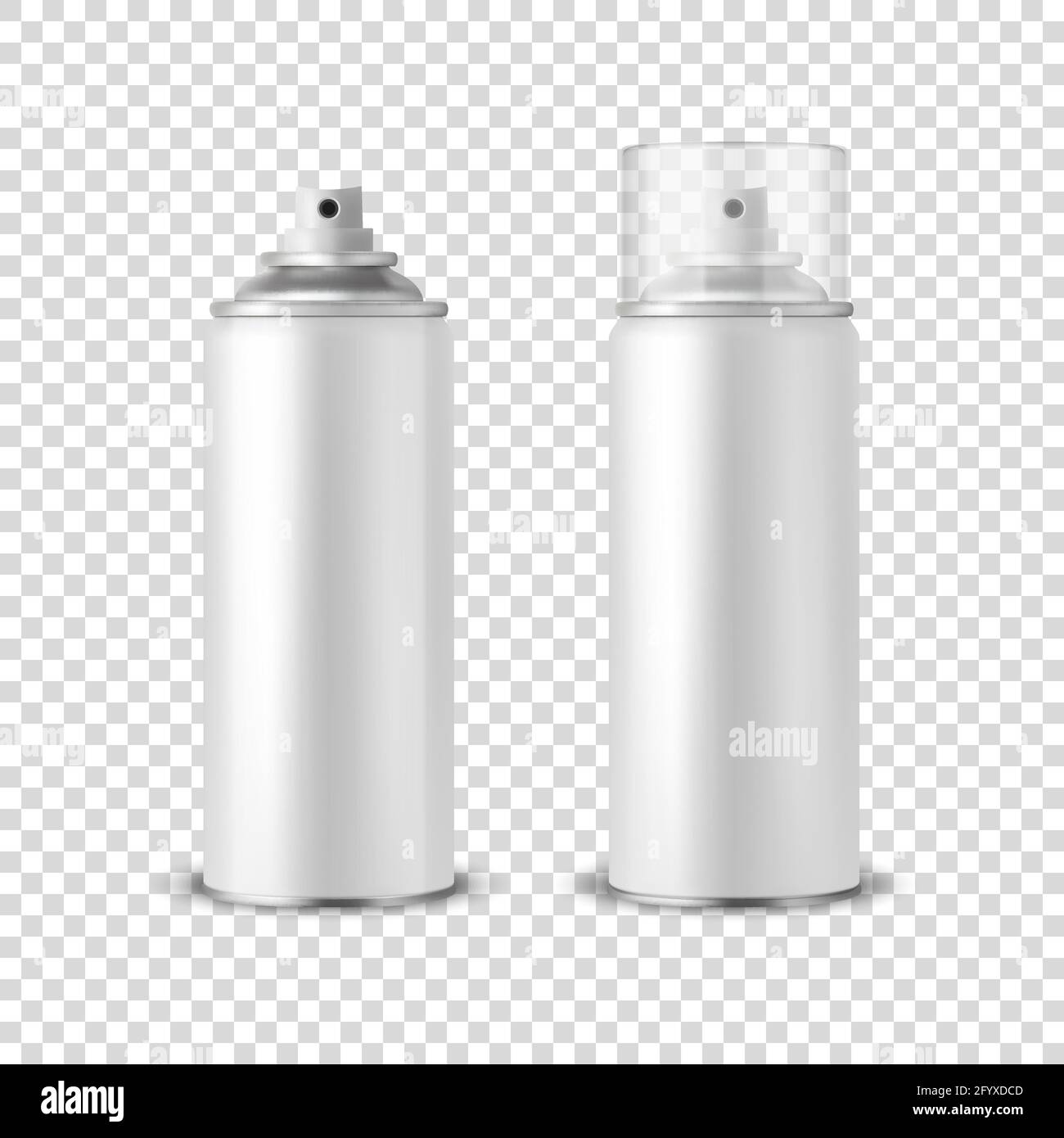 Vector 3d Realistic White aluminium Blank Spray, flacon, kit de couvercle transparent isolé. Modèle de conception, pulvérisateur, maquette, emballage, Publicité Illustration de Vecteur