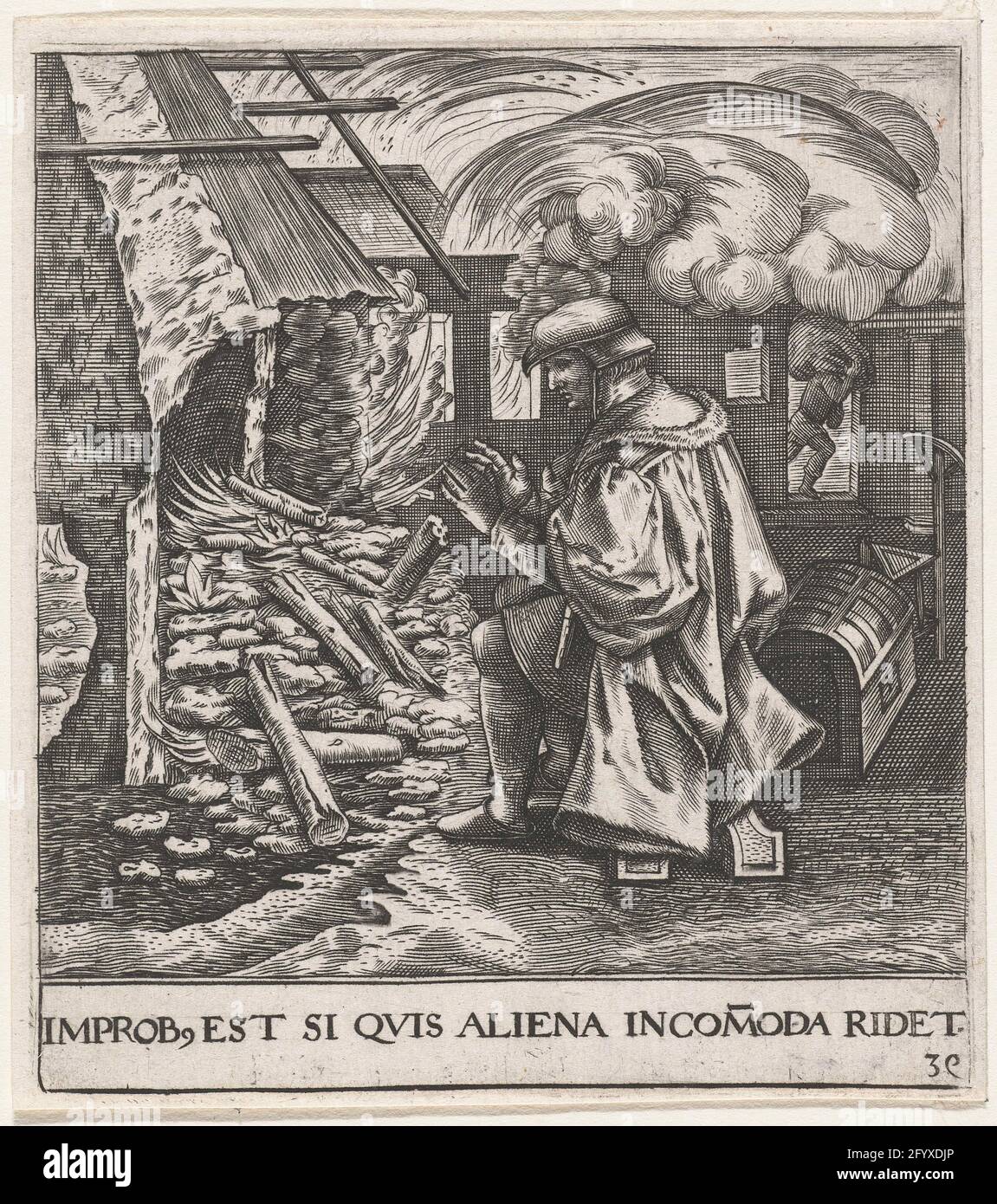 L'homme se réchauffe dans une maison en feu; Improb, est si quis Aliena Incomoda Ridet; Emblemata Saecularia, 1596. Un homme se réchauffe au feu d'une maison en feu. Vers l'un des proverbes ronds de Bruegel:" il est lui et beaucoup de dont la maison brûle, quand il se réchauffe au charbon, "avec lequel Bruegel a voulu mettre à la maison et la mâchoire ondulée. Banque D'Images