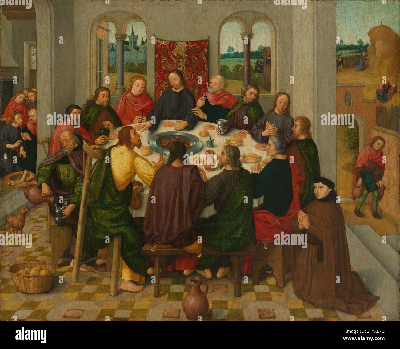 Dernier souper. La dernière Cène. Dans un intérieur, Christ a un repas avec ses disciples autour d'une table. À droite au premier plan un fondateur à genoux. Le lavage des pieds a été proposé dans un plancher latéral. Sur la droite en arrière-plan, Christ prie en Gethsémané. Avec SK-A-2130, les panneaux d'un retable. Banque D'Images
