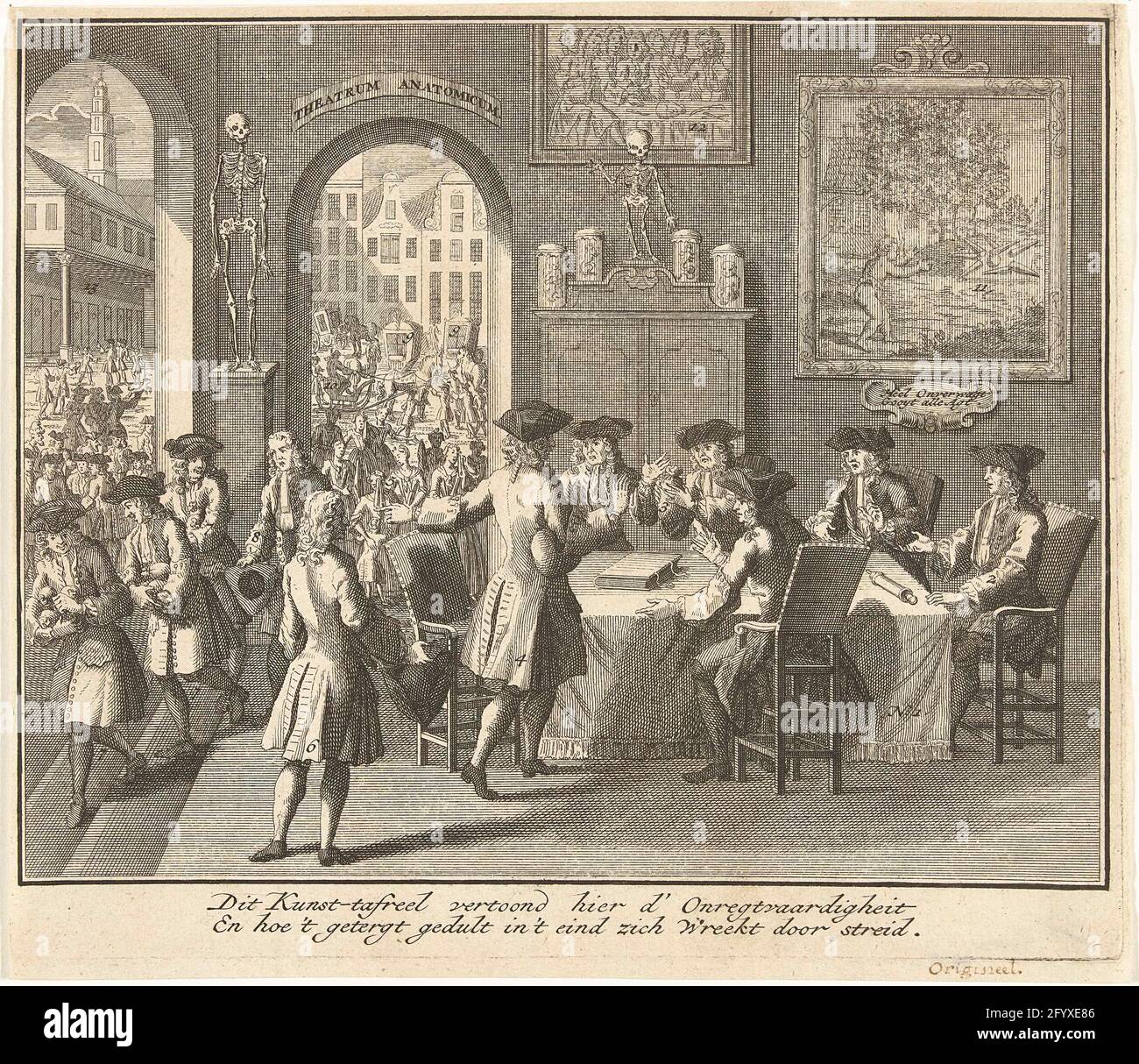 Allégorie sur le dépôt des huit overlieren de la guilde chirurgien à Amsterdam, 1732. Allégorie sur le dépôt des huit overlieren de la Guilde des chirurgiens à Amsterdam, le 24 janvier 1732. Rencontre des zones menées par Abraham Titsingh dans la guilde, droit trois sourire disposer de l'argent de la serre de la veuve. Sur le mur peintures allégoriques simples, au-dessus de la porte: Theatrum Anatomicum. Dans la légende, un aller-simple est frais. Écrit en bas à droite: Original. Banque D'Images