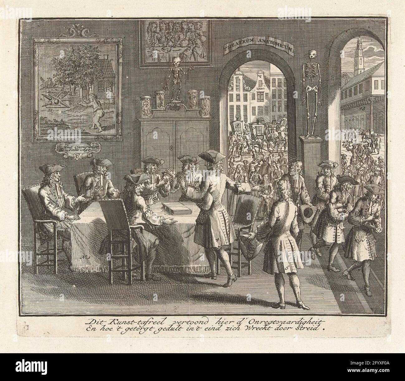 Allégorie sur le dépôt des huit overlieren de la guilde chirurgien à Amsterdam, 1732. Allégorie sur le dépôt des huit overlieren de la guilde chirurgien à Amsterdam, le 24 janvier 1732. Rencontre de l'overlied par Abraham Titsingh dans la guilde, a laissé trois sourire disposer de l'argent de la serre de la veuve. Sur le mur peintures allégoriques simples, au-dessus de la porte: Theatrum Anatomicum. Dans la légende, un aller-simple est frais. L'impression est un relevé imprimé distinct de l'album. Banque D'Images