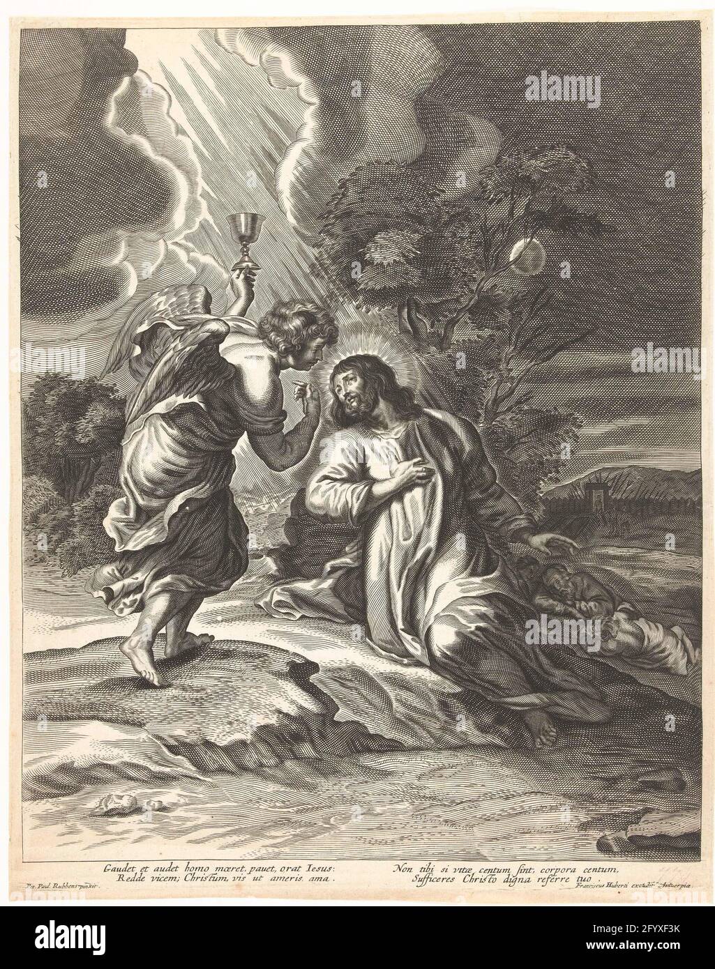 Christ et ange au calice sur l'olivier (Getsemane). Christ et ange au calice sur l'olivier (Getsemane). Il y a quatre nouvelles règles latines dans lesquelles il est fait référence à la souffrance du Christ pour le croyant. Banque D'Images