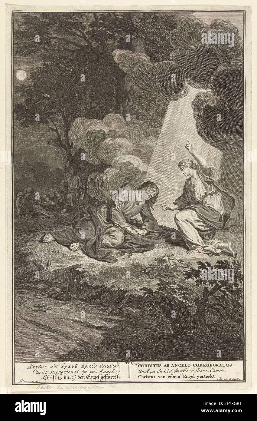 Christ dans la cour de Gethsemane; l'ange du Christ s'est renforcé. Christ prie pour ses étudiants sur l'olivier et est soutenu par un ange. Dormir ses étudiants en arrière-plan. Banque D'Images