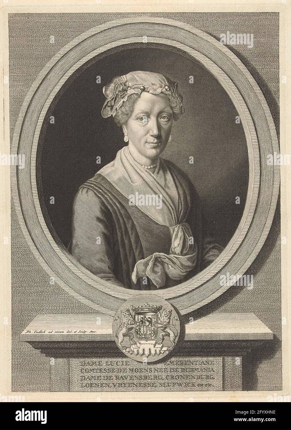 Portrait de Lucia Emerentia Burmania; Lady Lucie Emerentiane Comtesse de Moens (...) etc .. Portrait de Lucia Emerentia Elisabeth Françoise Delphine Burmania, comtesse de Moens, épouse de Henrick Moens. Photo avec collier de perles, châle et chapeau avec dentelle, dans un cadre ovale. Sous la liste UNE console sur laquelle quatre lignes de texte latin et une arme à deux lions. Banque D'Images