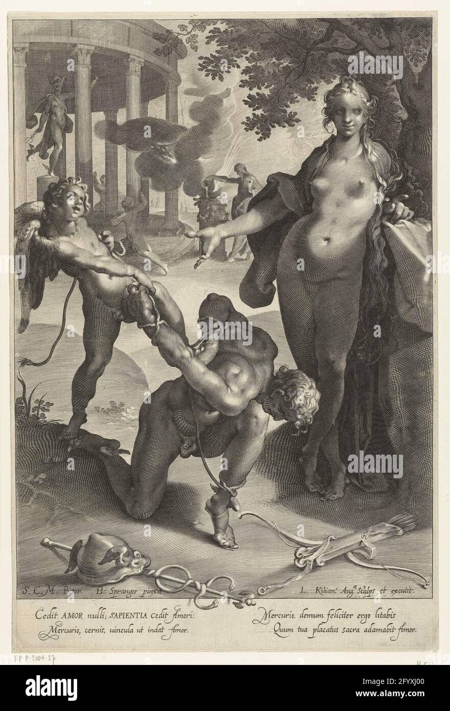 Amor lie Mercure commandé par Vénus. Vénus est penchée contre un arbre et pointe vers Mercure qui s'est agenouillé devant elle. Amor lie ses mains et ses pieds avec un cordon. Au sol, les attributs de Mercure et de la flèche et de l'Arche d'Amor. Mercuri échantillon temple en arrière-plan. Banque D'Images