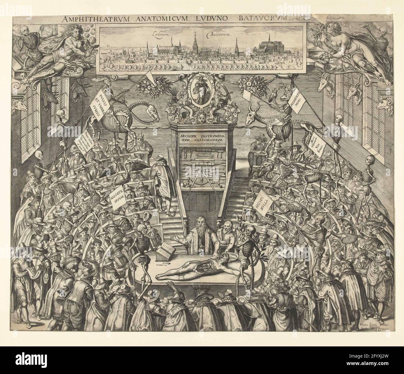 Theatrum Anatomicum de Leidse Academy, 1609; Amphitheatrum Anatomicum Luduno Batavorum. Theatrum anatomicum, théâtre anatomique de l'Université de Leiden, 1609. Au milieu un professeur (Petrus Paaw?) Cette leçon anatomique donne debout derrière une table sur laquelle un corps humain disséqué; son est amanuensis. Dans tout l'amphithéâtre entre les spectateurs présents, toutes sortes d'intempéries et de squelettes de personnes et d'animaux sont dressés. Derrière le professeur un placard avec des instruments médicaux, sur lequel l'inscription Archium Instrumentorum Anatomicum. Dans la partie supérieure au milieu d'un chariot Banque D'Images